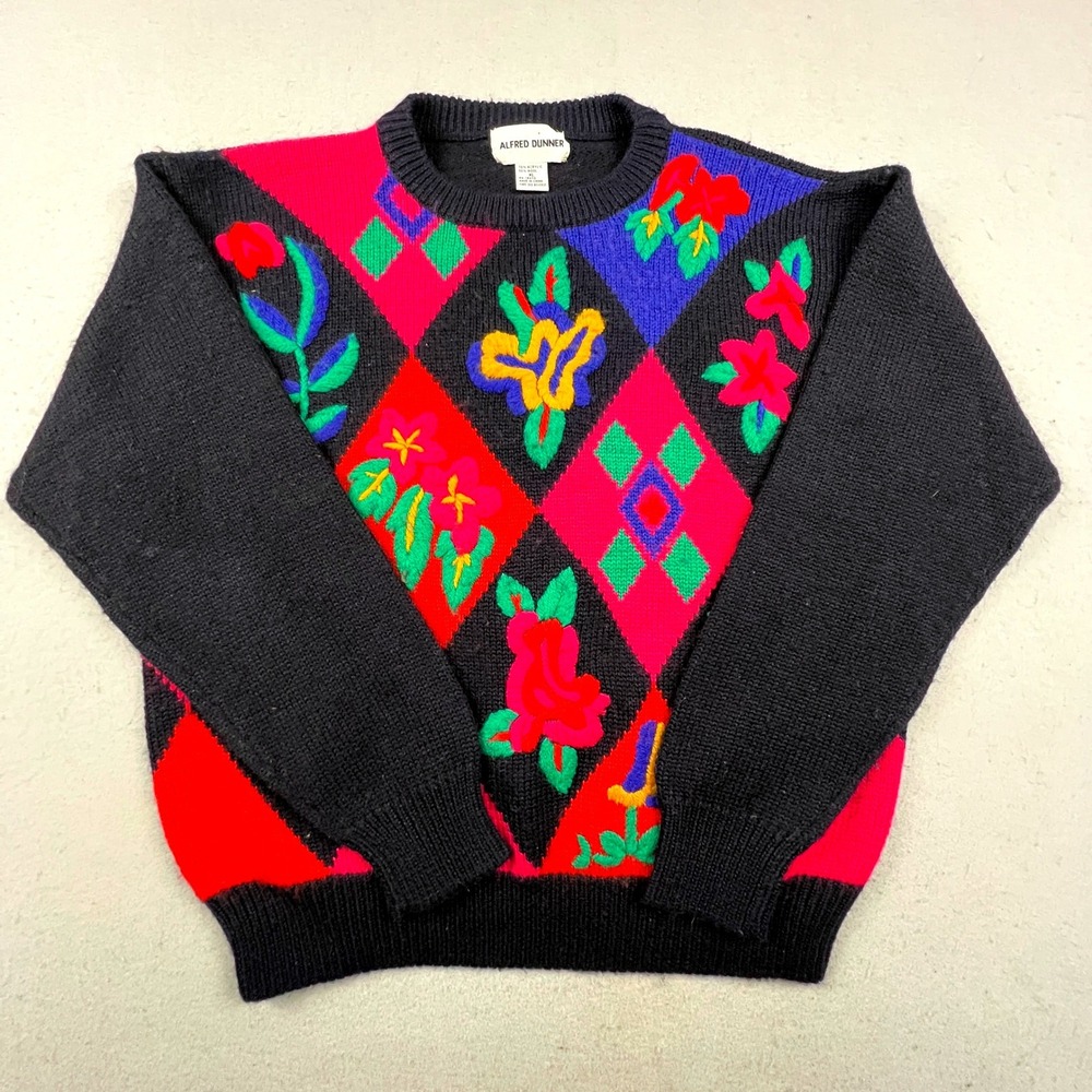 Alfred Dunner Sweater Women XL Black Floral Argyle Knit Vintage Style Crewneck